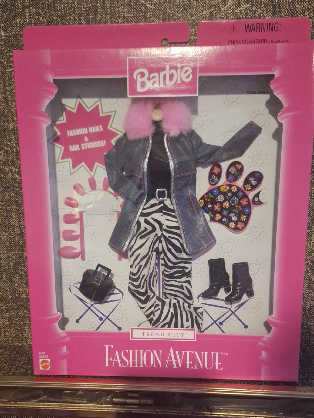Vintage 1998 Barbie Fashion Avenue Outfit NRFB Pink Fur Denim Zebra Print